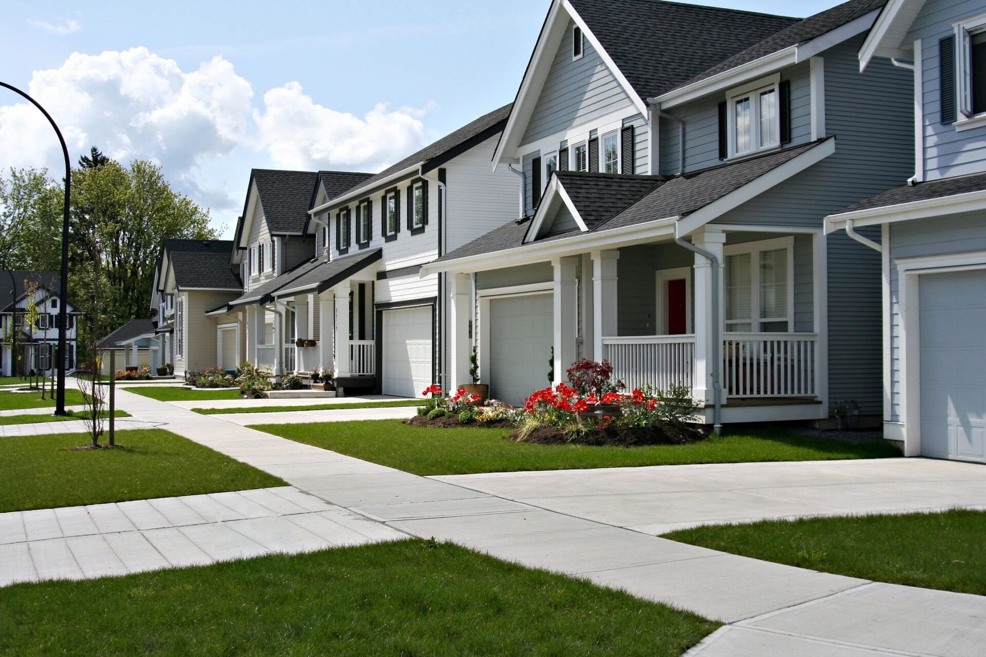 A residential neighborhood with gray houses